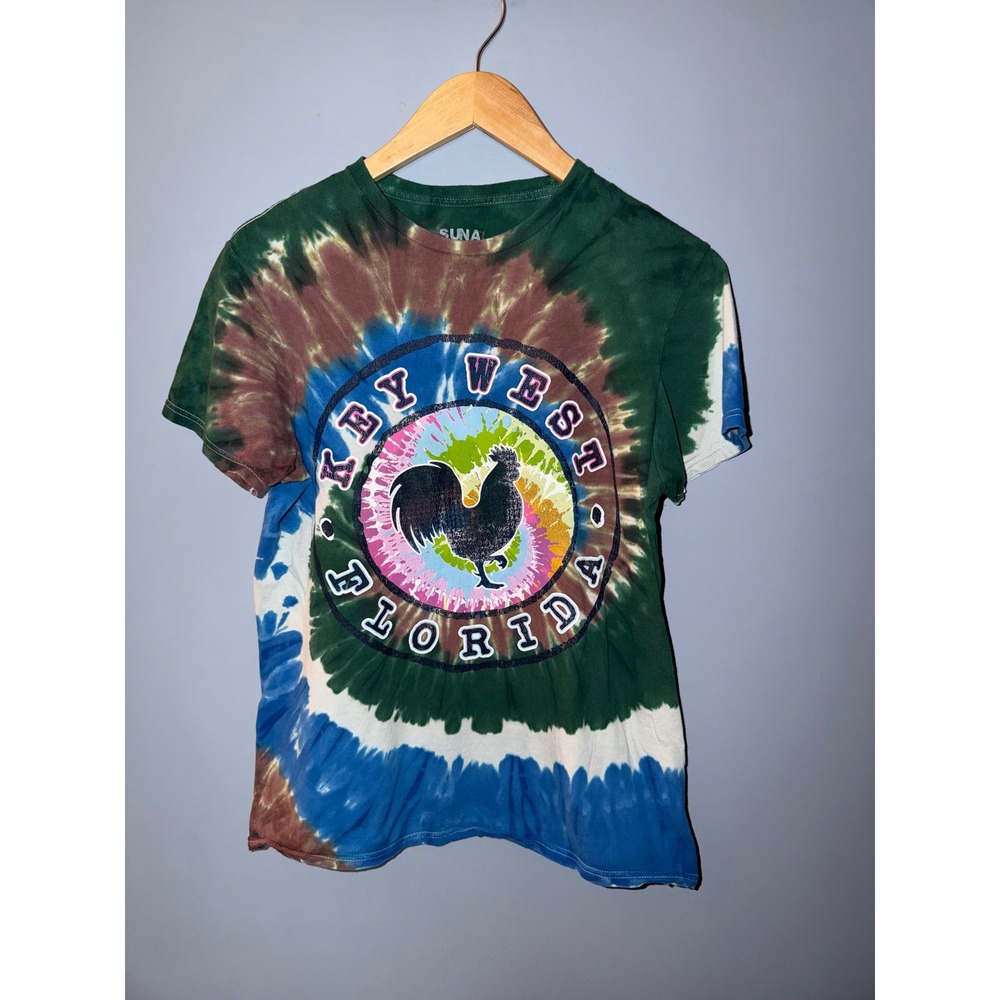 SUNA‎ Key West Florida Rooster Tie Dye T-Shirt Mens Medium Green Blue Souvenir
